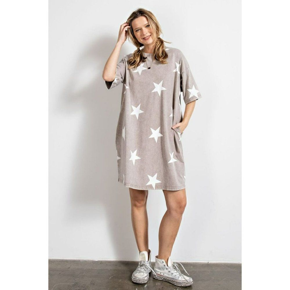 SALE! EASEL Clothing Mushroom Star Print Short Sleeve Dress Mineral Wash ED17082 - Picture 2 of 5